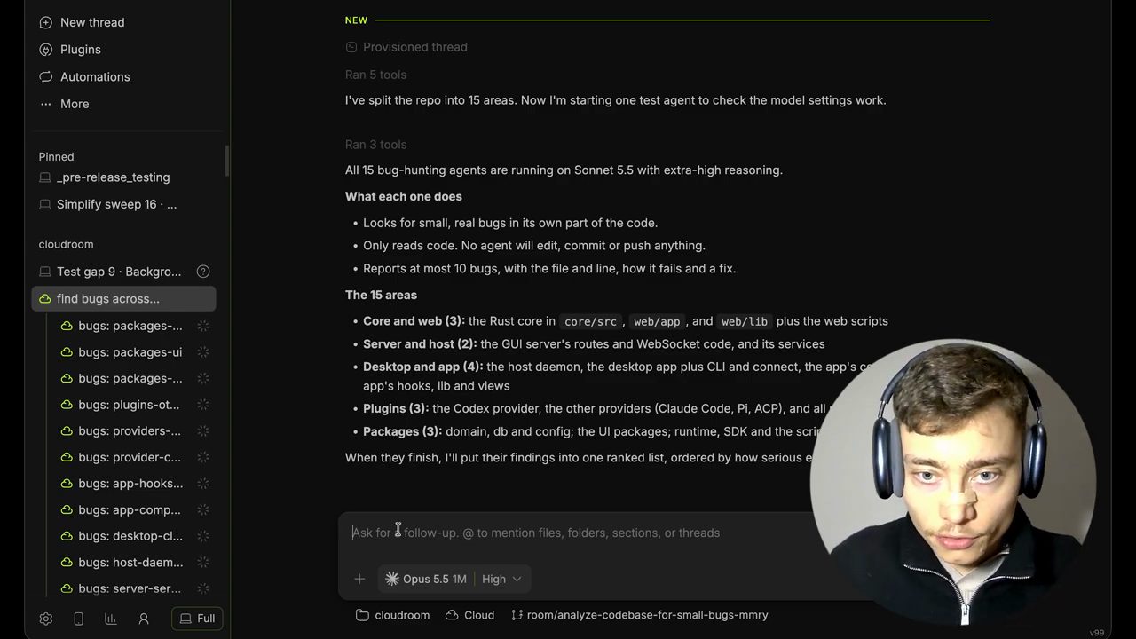 Thread find bugs across trong Cloudroom, agent chính chia repo thành 15 vùng và sidebar hiện các thread con bugs