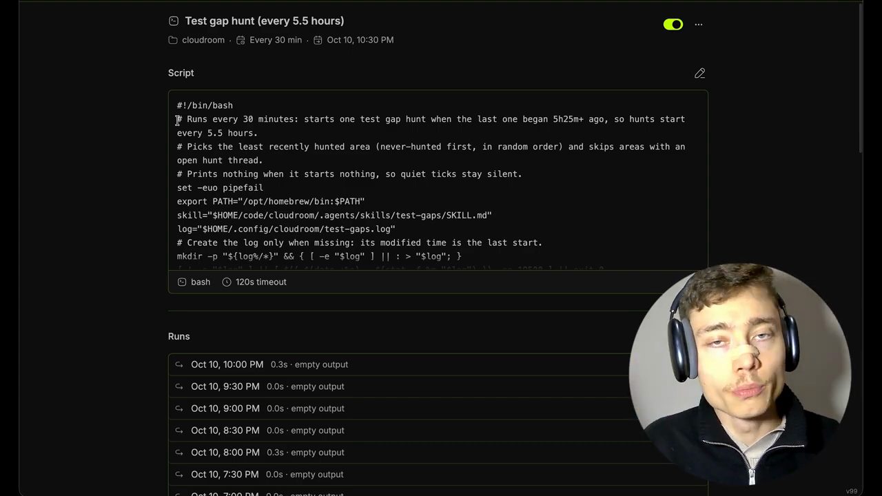 Trang chi tiết automation Test gap hunt với script bash và danh sách các lần chạy