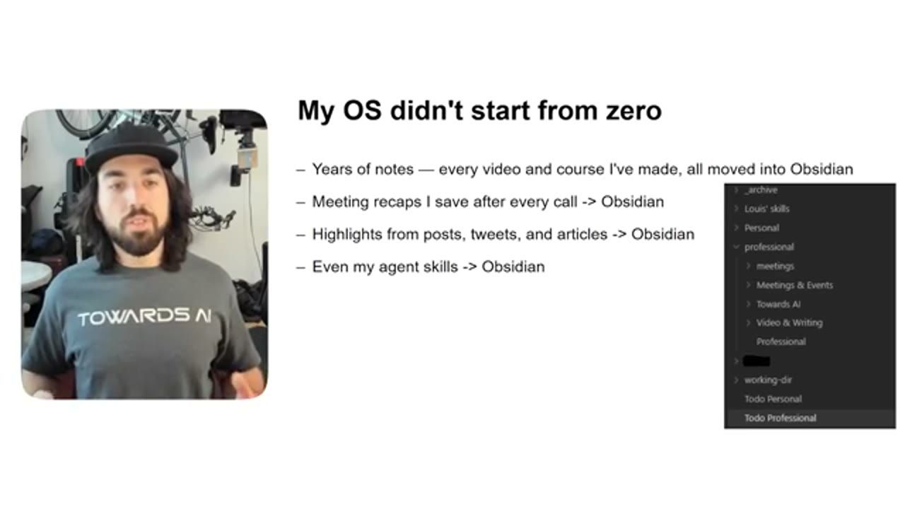 Slide My OS didn't start from zero: years of notes, meeting recaps, highlights, agent skills, tất cả chuyển vào Obsidian