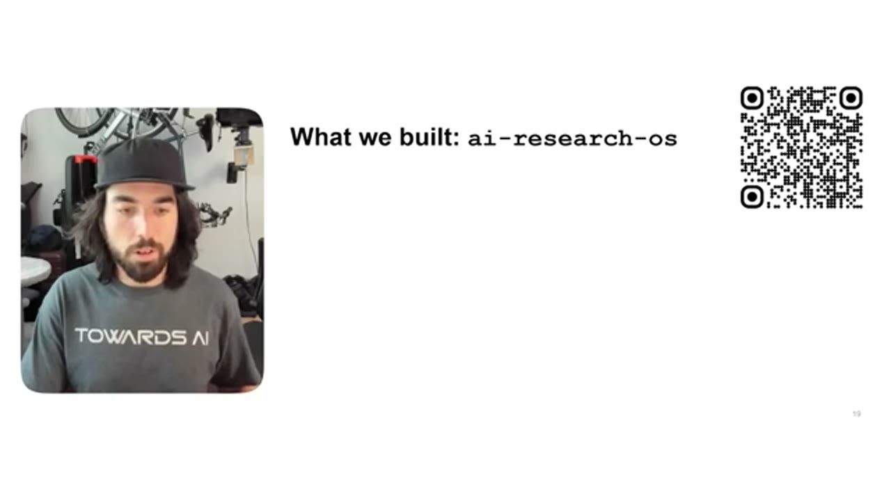 Slide What we built: ai-research-os, kèm mã QR dẫn tới repo