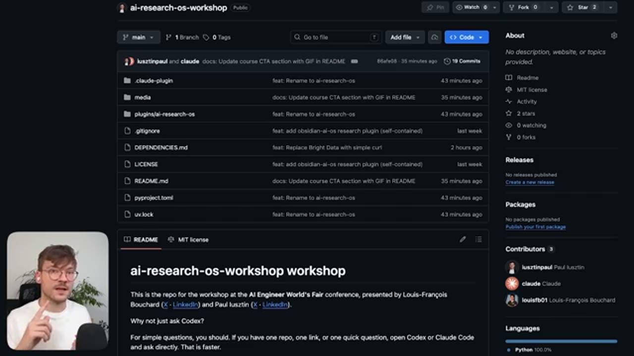 Trang GitHub của repository ai-research-os-workshop với thư mục .claude-plugin, plugins/ai-research-os, README