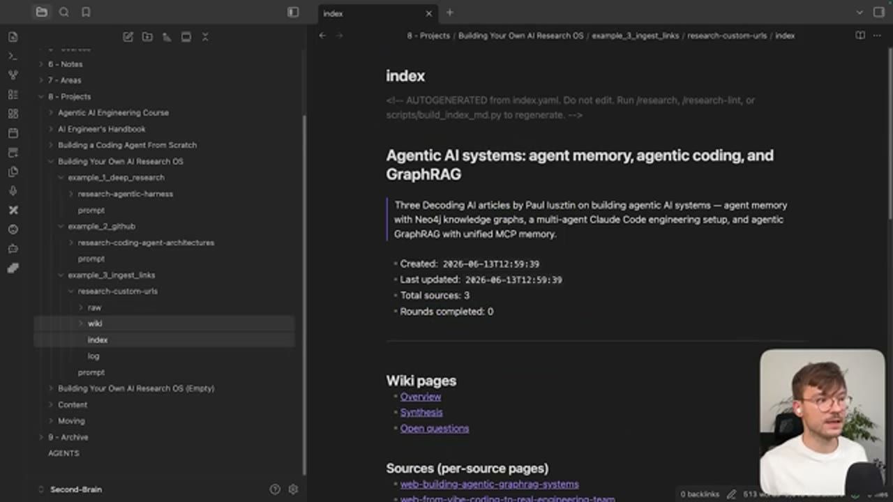 Trang index của wiki demo 3: Agentic AI systems: agent memory, agentic coding, and GraphRAG, 3 nguồn
