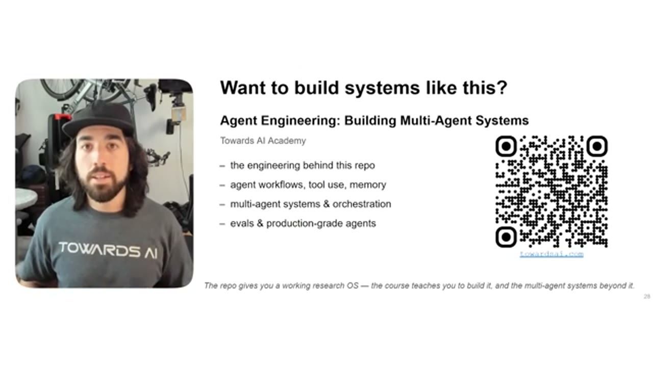 Slide Want to build systems like this? Agent Engineering: Building Multi-Agent Systems, Towards AI Academy, kèm mã QR