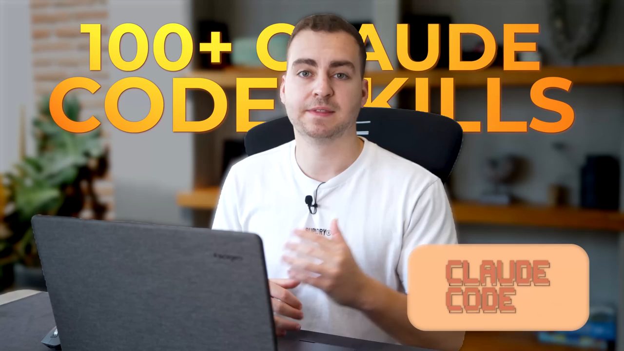 Tim Ruscica ngồi trước laptop, chữ lớn 100+ Claude Code Skills phía sau