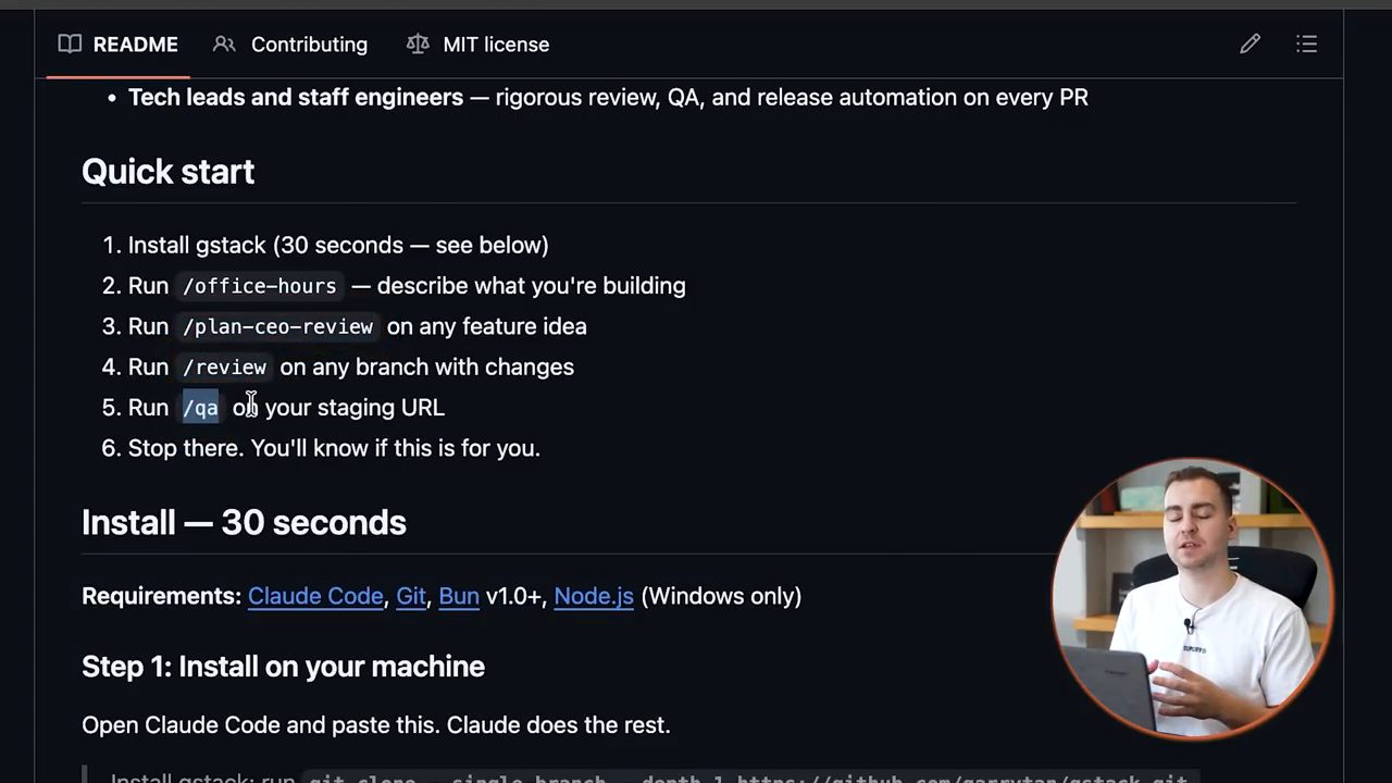 Phần Quick start và Install 30 seconds trong README của gstack