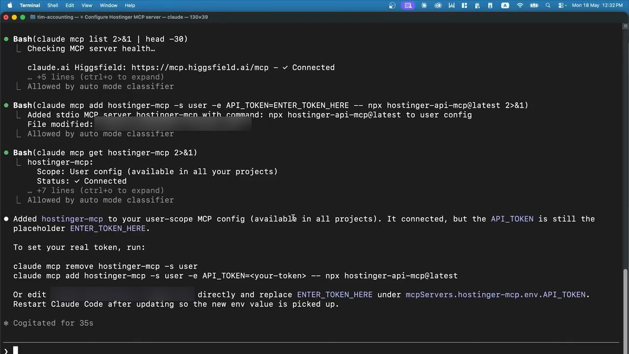 Claude Code chạy claude mcp add hostinger-mcp với API_TOKEN=ENTER_TOKEN_HERE