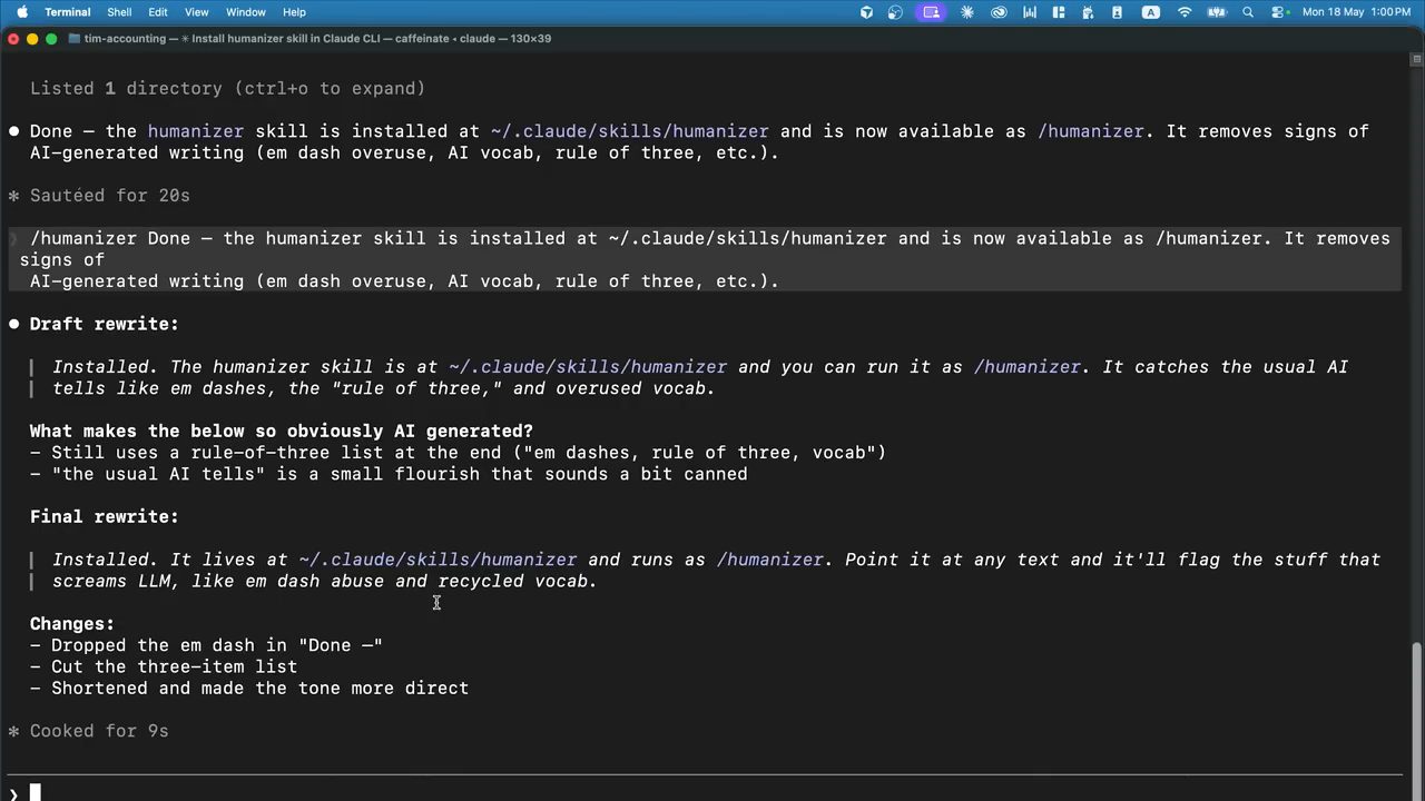Kết quả humanizer: Draft rewrite, What makes the below so obviously AI generated, Final rewrite và Changes