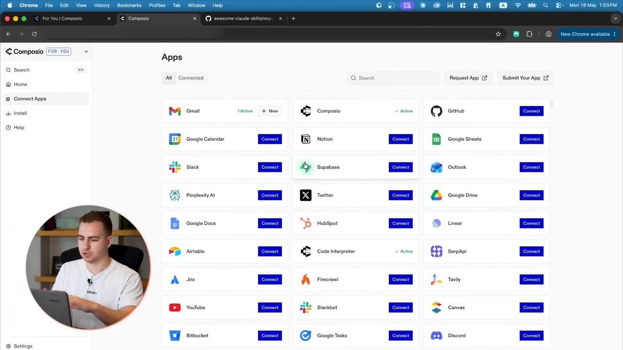 Trang Connect Apps của Composio với lưới ứng dụng: Gmail, Notion, GitHub, Slack, Google Drive, Firecrawl