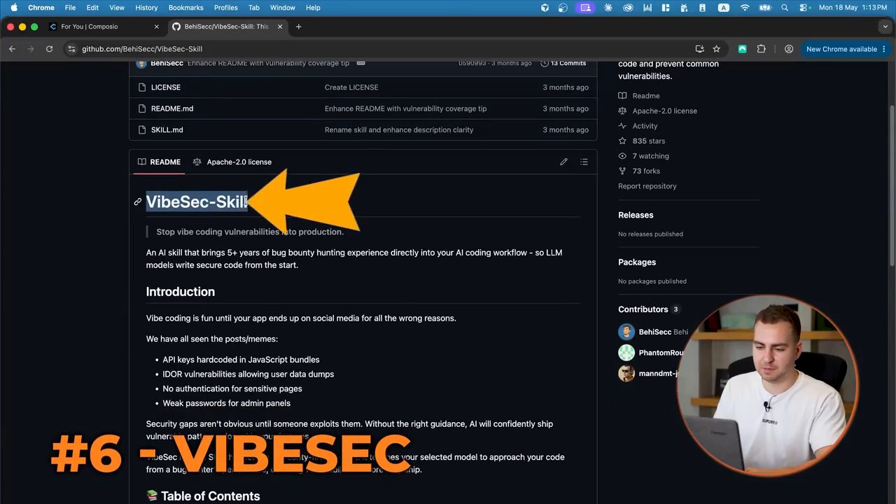 README của VibeSec-Skill trên GitHub với tiêu đề #6 VibeSec