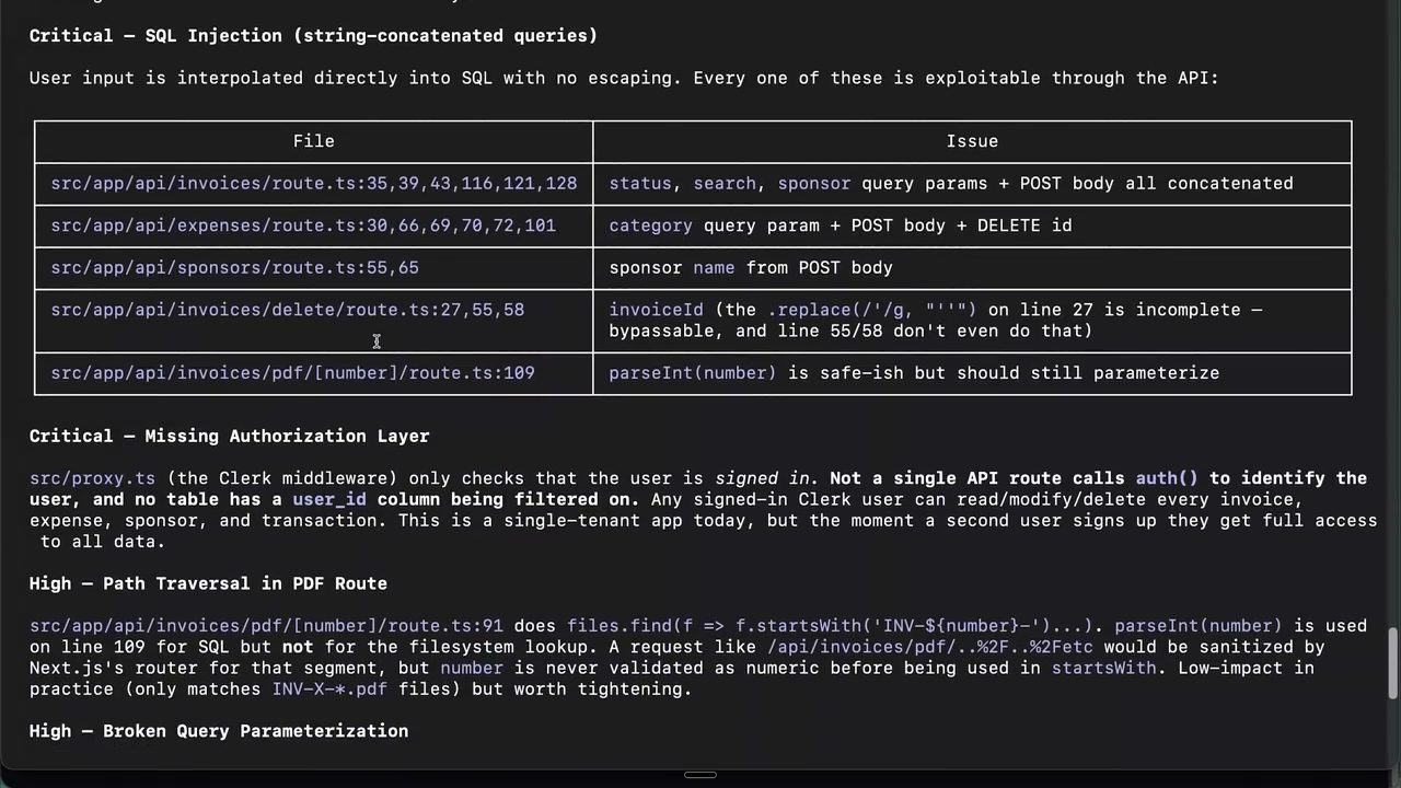Báo cáo audit: Critical SQL Injection, Critical Missing Authorization Layer, High Path Traversal in PDF Route
