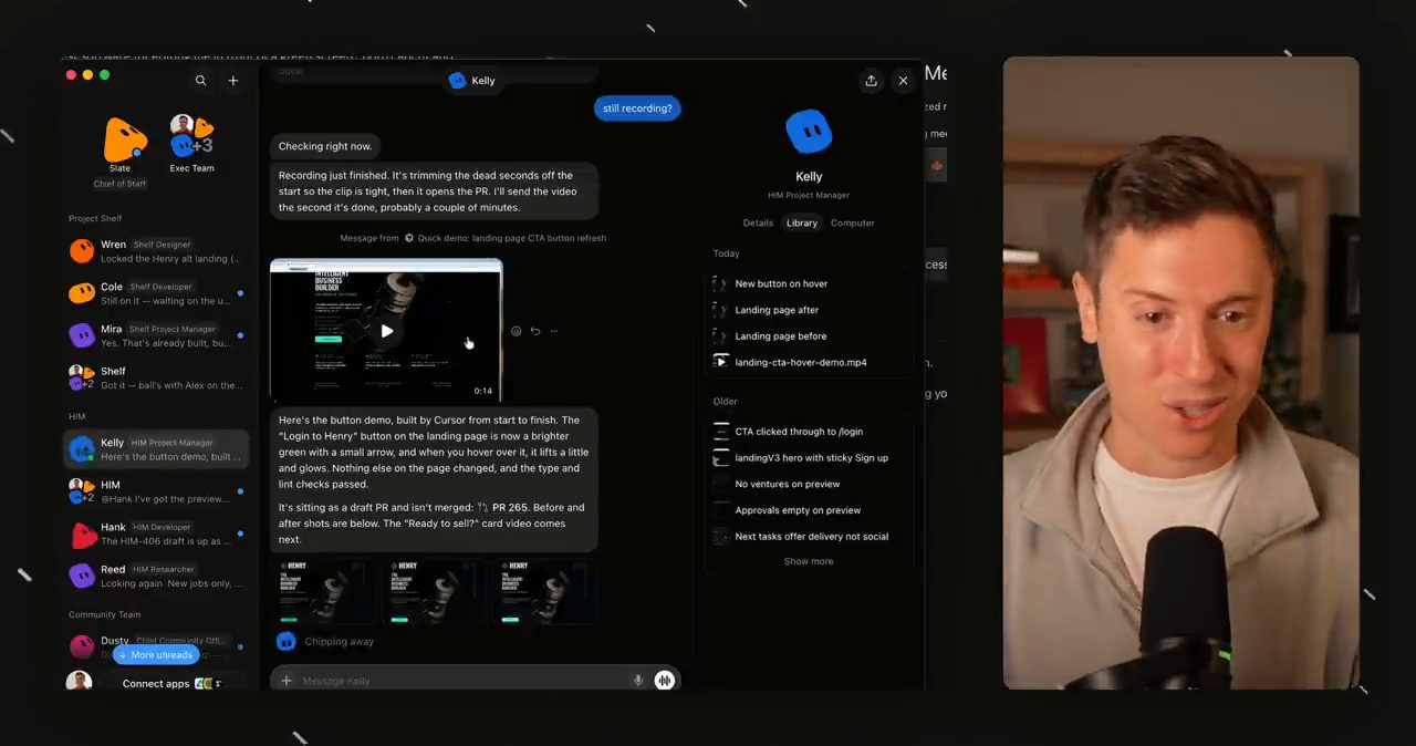 Bot Kelly gửi video demo nút mới trên landing page và ảnh trước sau, kèm thư viện file bên phải