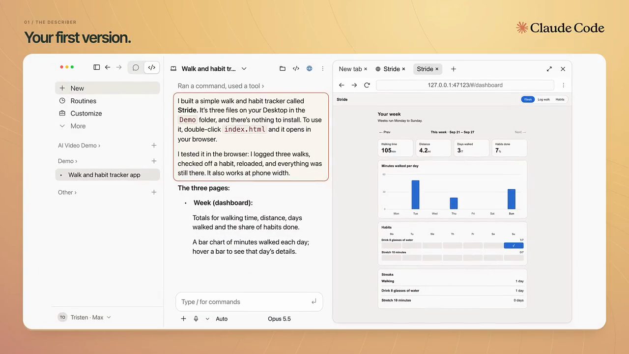 Claude Desktop tab Code: tóm tắt về app Stride bên trái, preview dashboard Stride bên phải