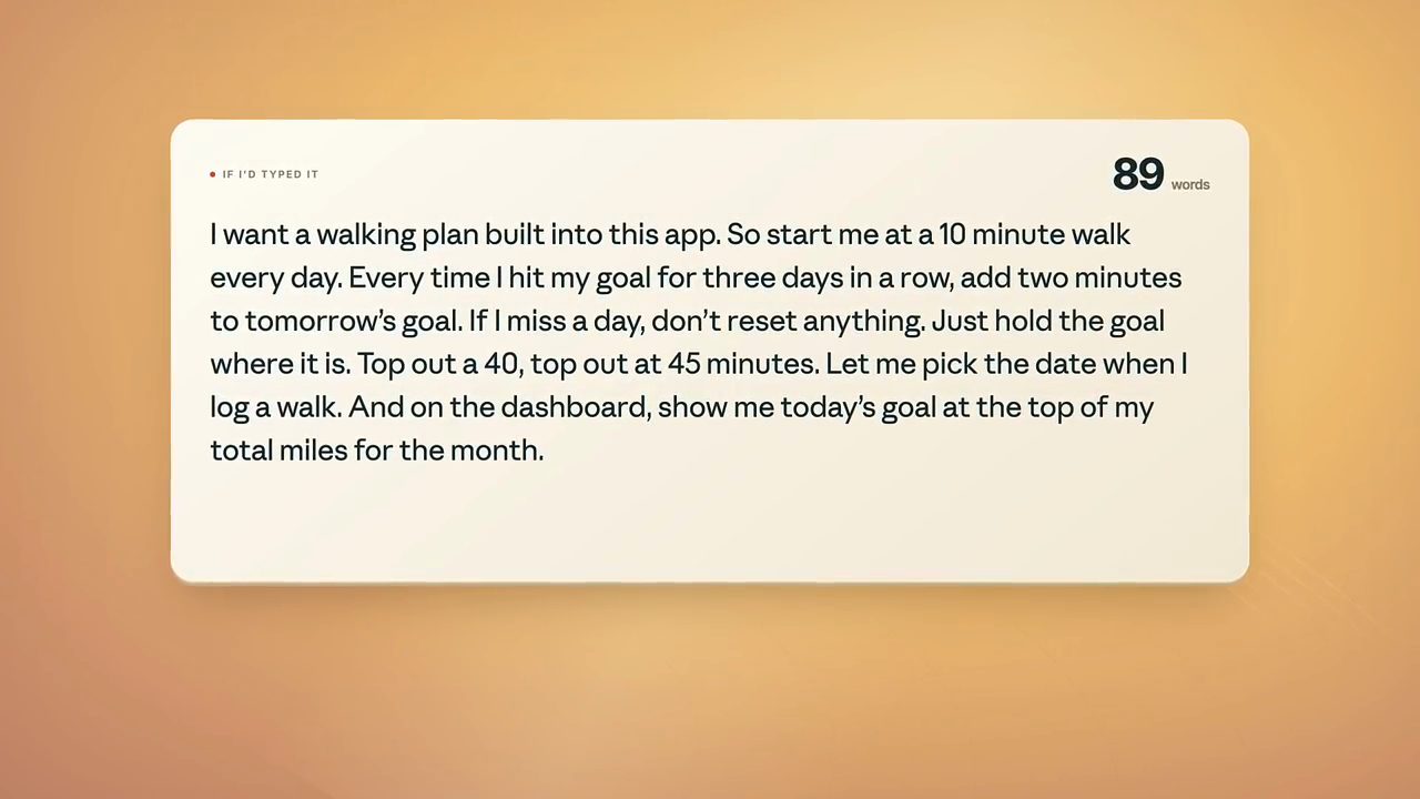 Khung chữ If I'd typed it, 89 words, chứa prompt về walking plan