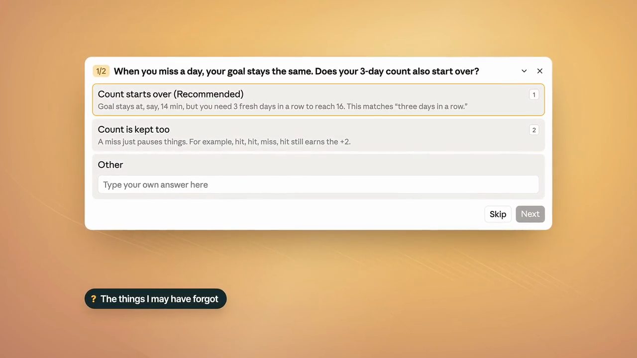 Hộp câu hỏi 1/2: When you miss a day, your goal stays the same. Does your 3-day count also start over?