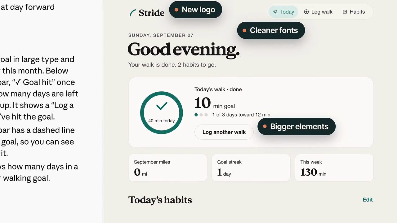 App Stride sau khi làm lại: Good evening, vòng tròn mục tiêu 10 phút, các nhãn New logo, Cleaner fonts, Bigger elements