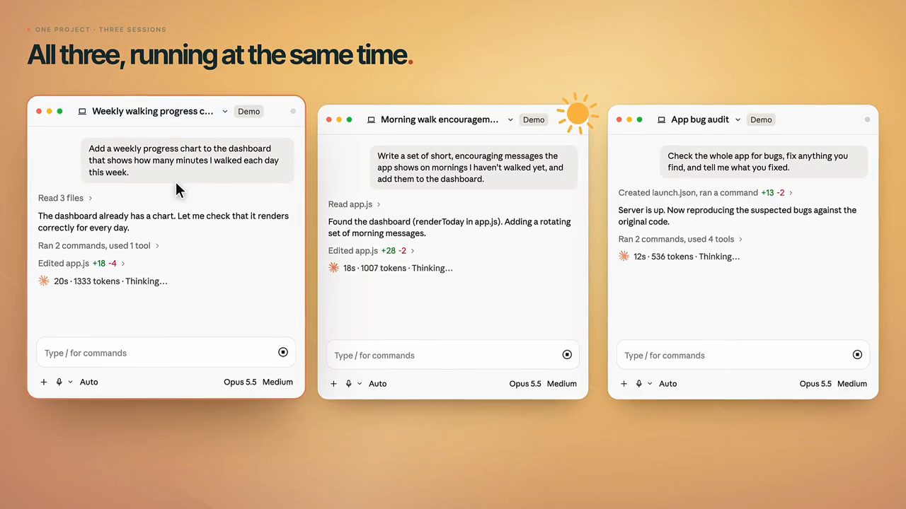 Ba cửa sổ session Weekly walking progress chart, Morning walk encouragement, App bug audit cùng chạy trong project Demo