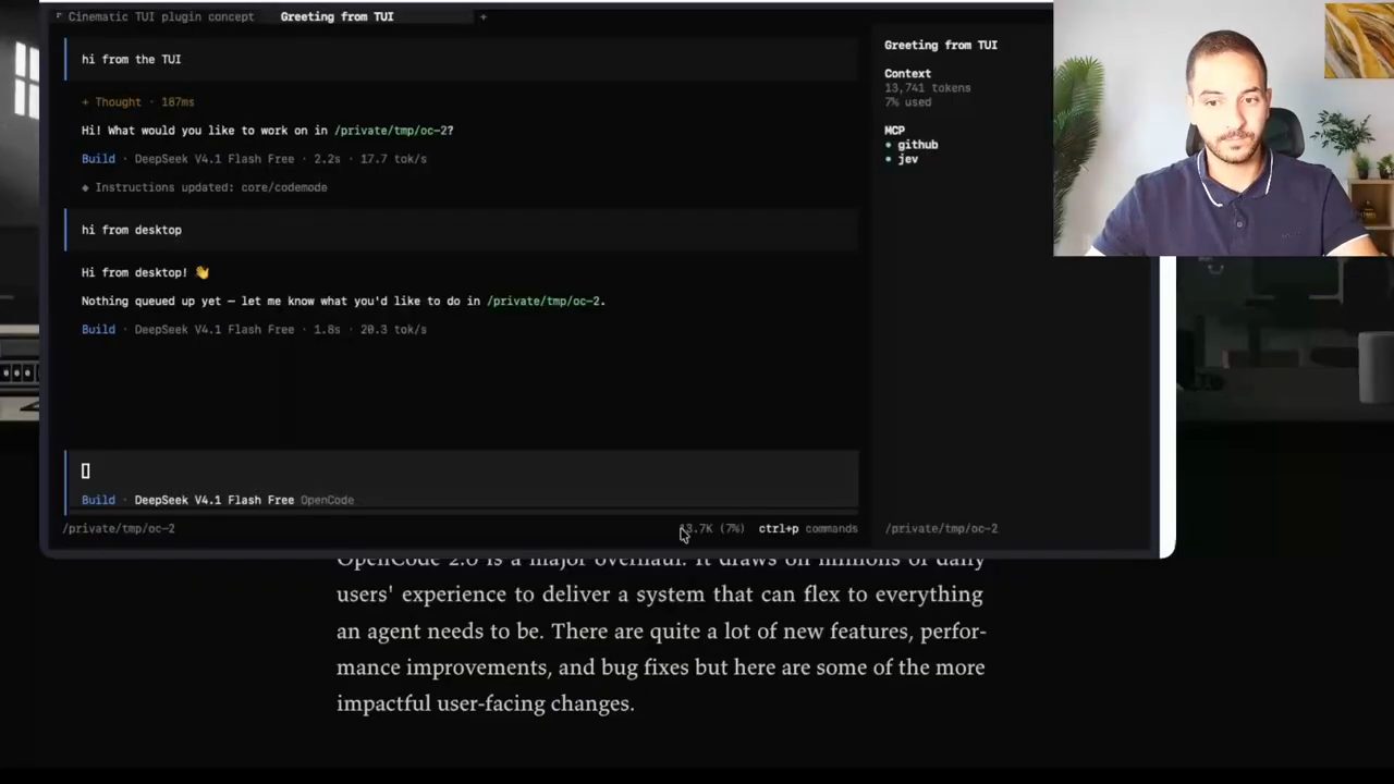 TUI của OpenCode hiển thị cả tin nhắn hi from the TUI và hi from desktop trong cùng một session