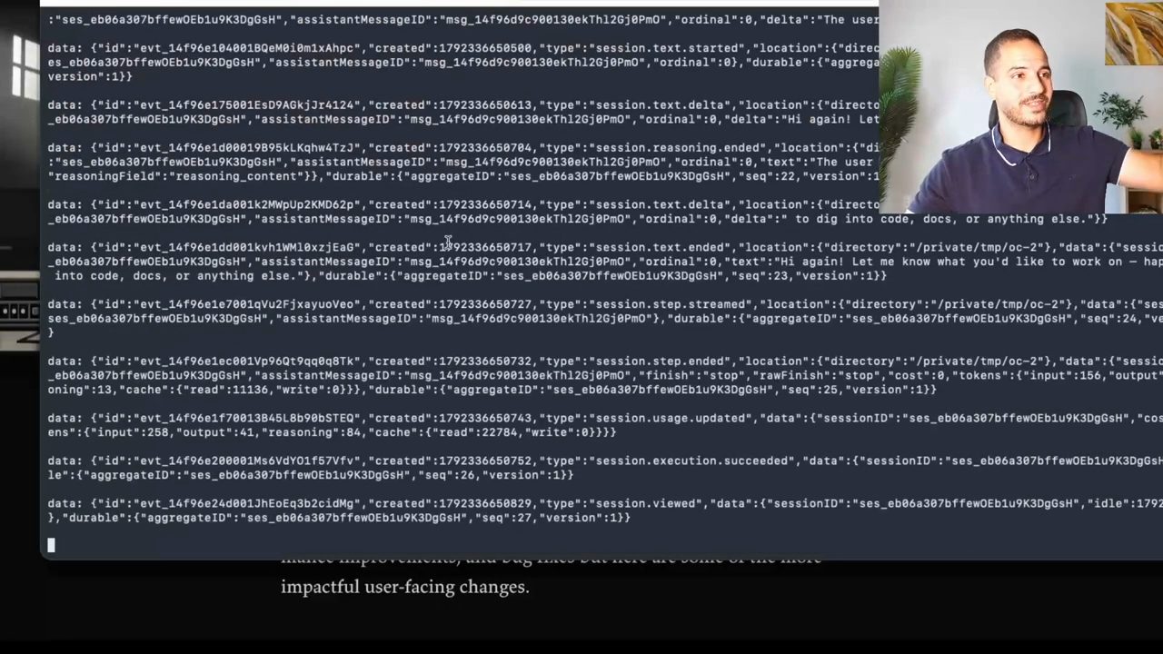 Terminal in ra luồng event SSE dạng JSON từ server OpenCode