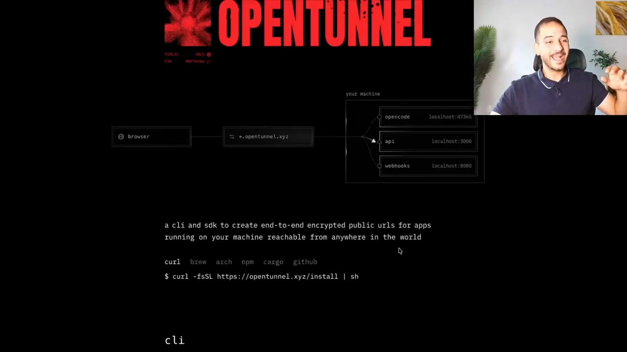 Trang chủ OpenTunnel với sơ đồ browser đi qua opentunnel.xyz vào các service localhost và lệnh cài đặt