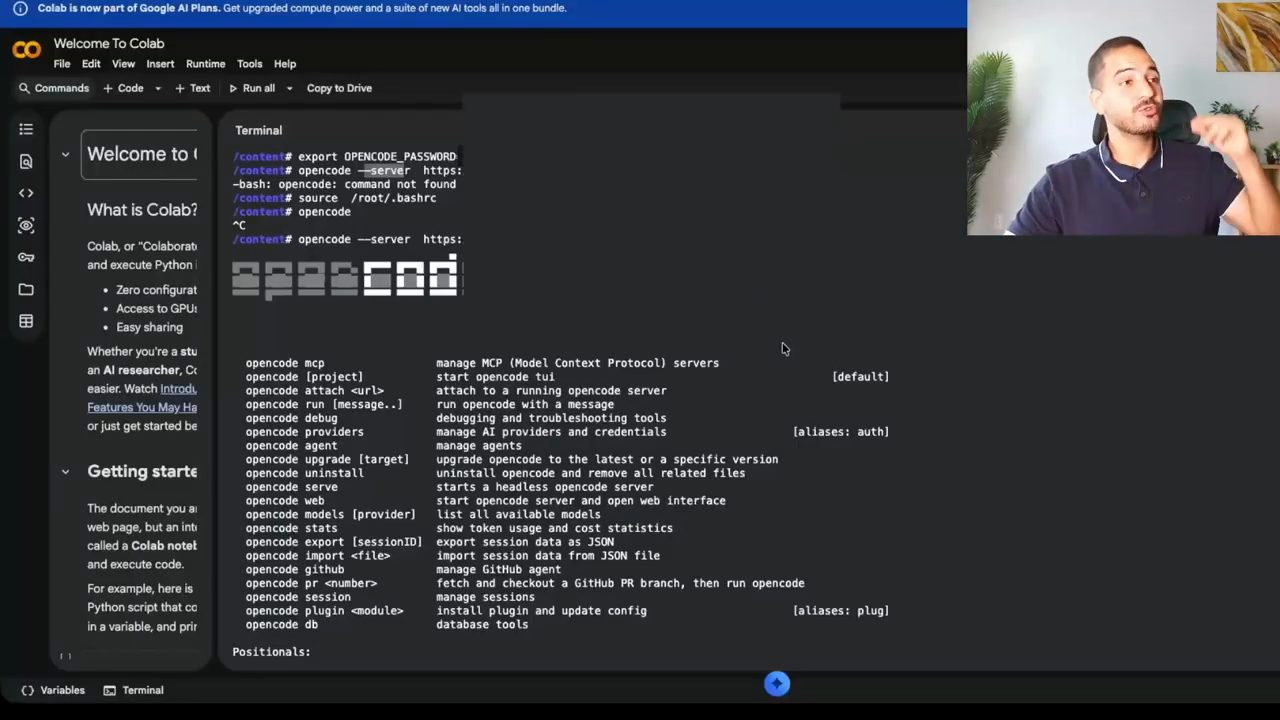 Terminal trong Google Colab chạy opencode --server, hiện danh sách lệnh của opencode