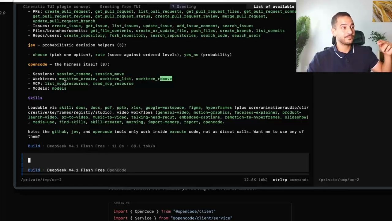 TUI liệt kê tool của GitHub, jev, nhóm opencode the harness itself và danh sách skill