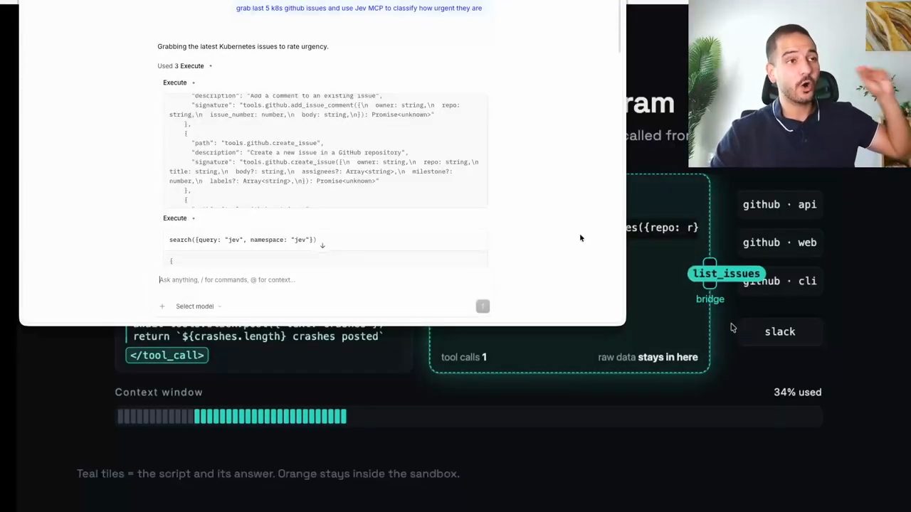 Desktop app OpenCode: các bước Execute trả về định nghĩa tool GitHub và lời gọi search cho jev