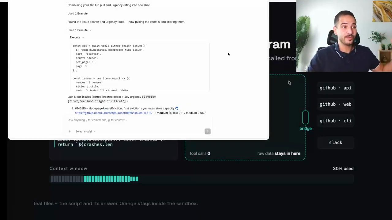 Desktop app OpenCode: một Execute chứa code gọi tools.github.search_issues và chấm mức khẩn cấp bằng Jev