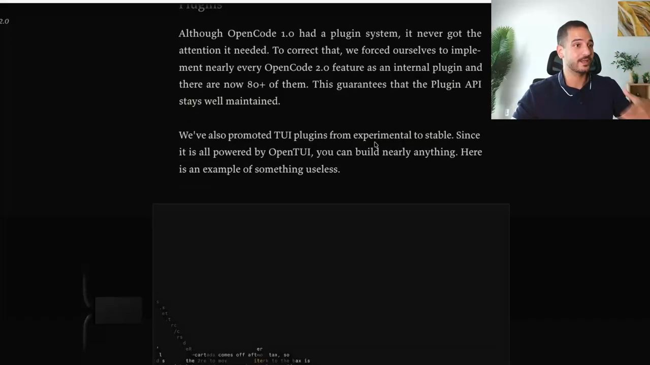 Đoạn Plugins trong bài công bố OpenCode 2.0 về hơn 80 plugin nội bộ và TUI plugin