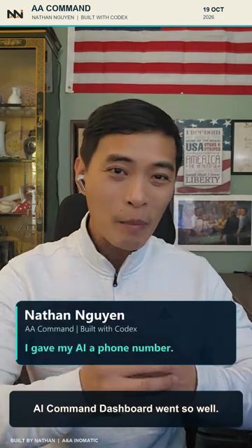 Nathan Nguyen nói trước camera, thẻ tên ghi AA Command, Built with Codex, I gave my AI a phone number