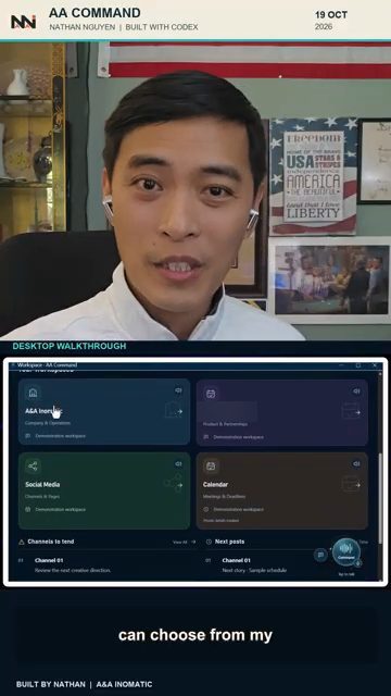 App AA Command trên desktop với bốn ô workspace: A&A Inomatic, một workspace booking, Social Media và Calendar
