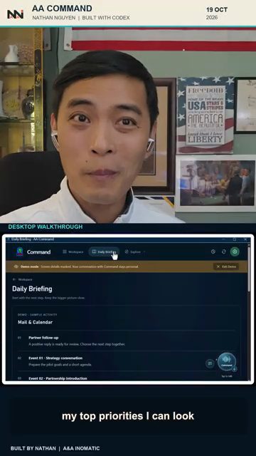 Trang Daily Briefing của AA Command với dải Demo mode báo Screen details masked