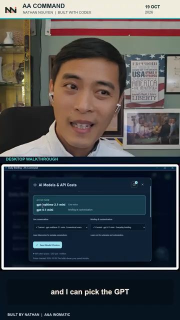 Bảng AI Models & API Costs: gpt-realtime-2.1-mini cho Live voice, gpt-4.1-mini cho Briefing & customization