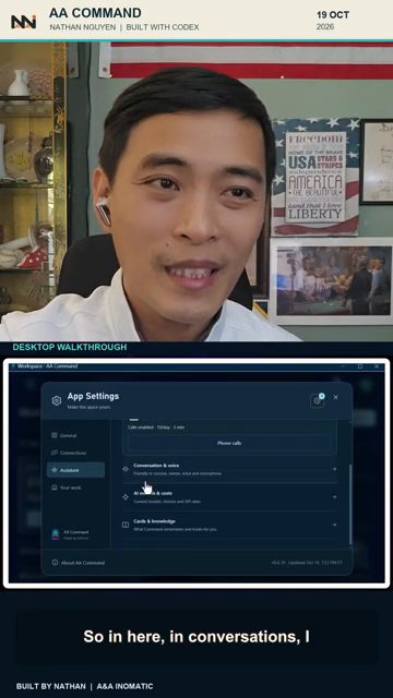 App Settings của AA Command, mục Assistant: Calls enabled 10/day 3 min, Conversation & voice, AI models & costs, Cards & knowledge