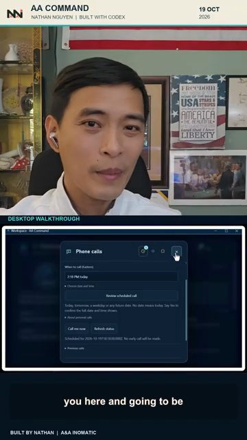 Bảng Phone calls sau khi xác nhận: 2:18 PM today, Review scheduled call, Call me now, Refresh status