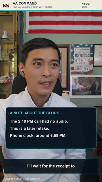 Thẻ A note about the clock: The 2:18 PM call had no audio. This is a later retake. Phone clock around 6:58 PM
