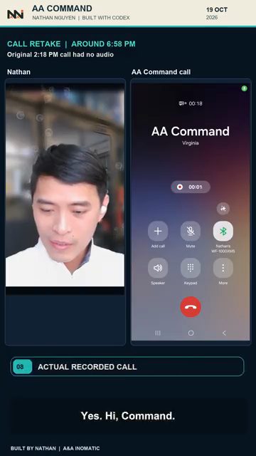 Màn hình chia đôi: Nathan nghe điện thoại bên trái, màn hình cuộc gọi AA Command bên phải