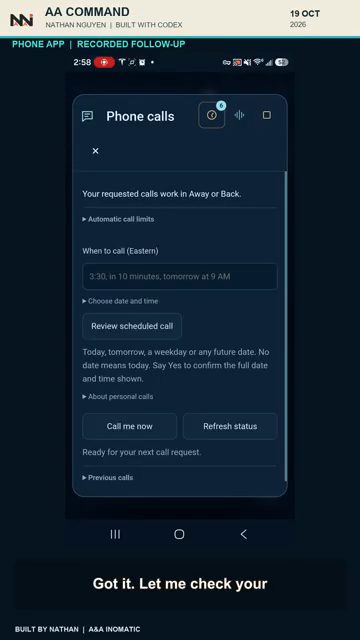 App Command trên điện thoại, bảng Phone calls: Your requested calls work in Away or Back, When to call (Eastern), Call me now, Refresh status