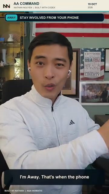 Nathan nói trước camera, thanh trên ghi Away, Stay involved from your phone
