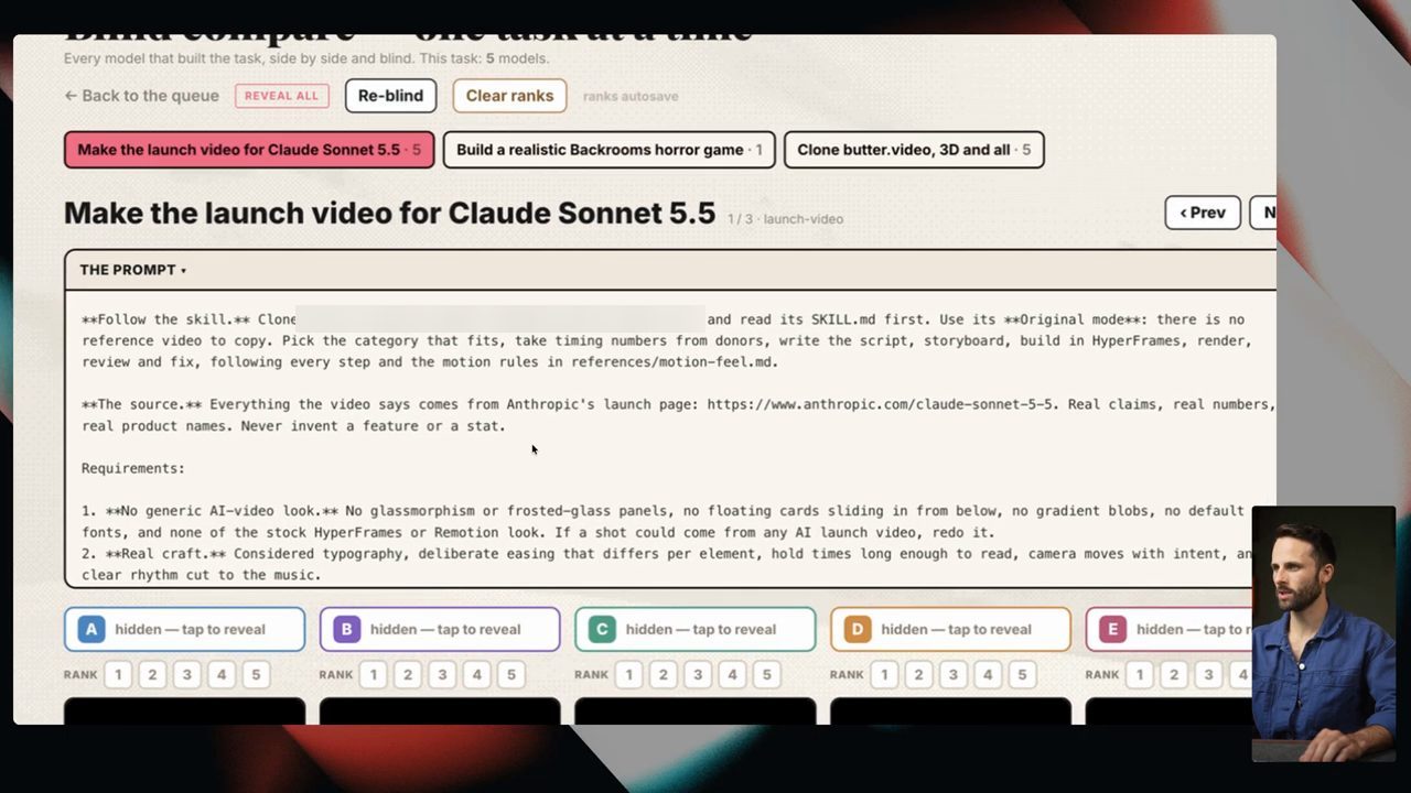 Simmons Bench với prompt Make the launch video for Claude Sonnet 5.5 và năm cột A tới E