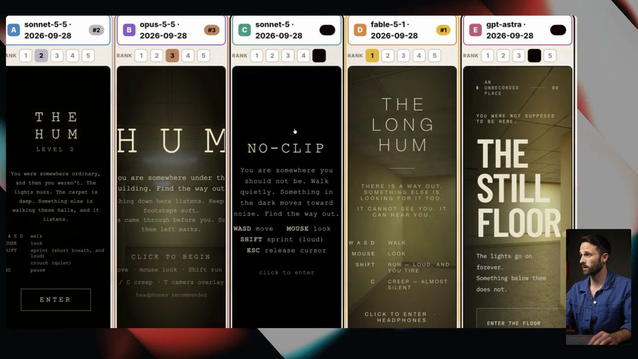 Năm màn mở đầu game đã lật tên: sonnet-5-5 hạng 2, opus-5-5 hạng 3, fable-5-1 hạng 1
