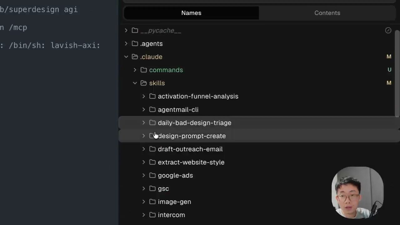 Cây thư mục .claude/skills của repo superdesign agi: activation-funnel-analysis, agentmail-cli, daily-bad-design-triage, design-prompt-create và nhiều skill khác