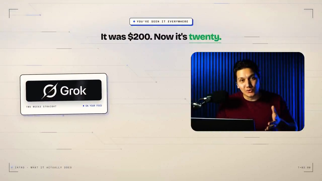 Slide mở đầu: It was $200. Now it's twenty, cạnh logo Grok và Ryan nói trước camera
