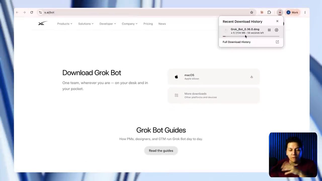 Trang Download Grok Bot trên x.ai với nút macOS Apple silicon và file Grok_Bot_0.36.0.dmg đang tải