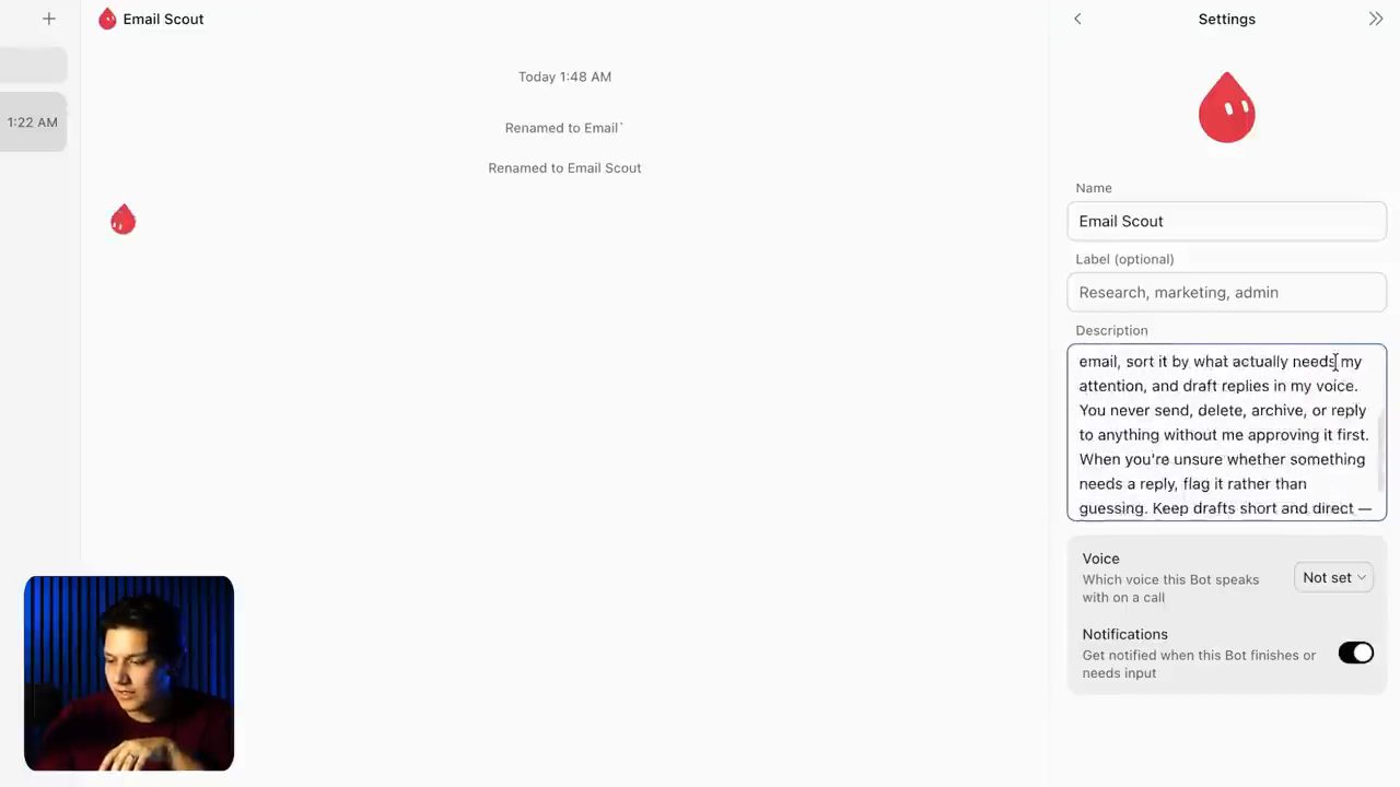 Màn hình Settings của bot Email Scout với Name, Label, Description, Voice và Notifications