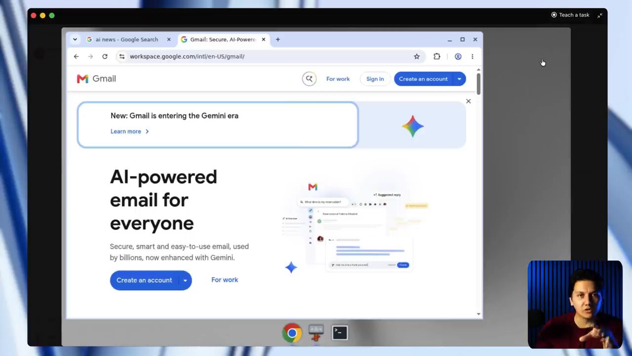 Màn hình cloud computer của bot mở Chrome ở trang Gmail, dock có Chrome, file manager và terminal