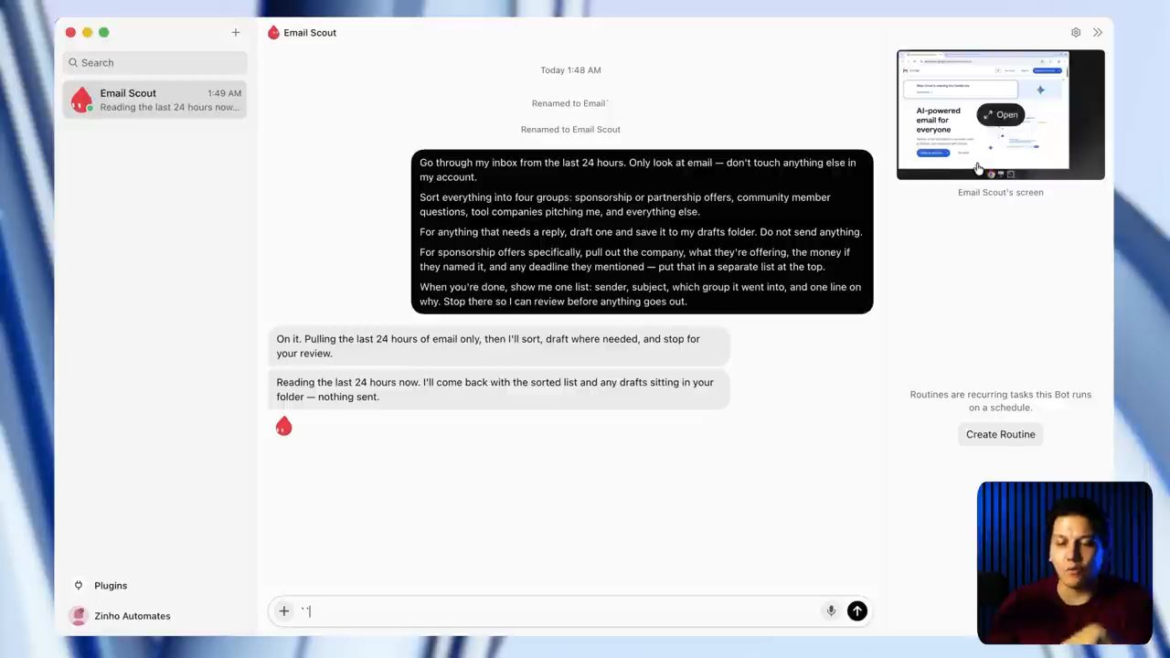 Khung chat Email Scout với prompt phân loại inbox và bot trả lời đang đọc 24 giờ email