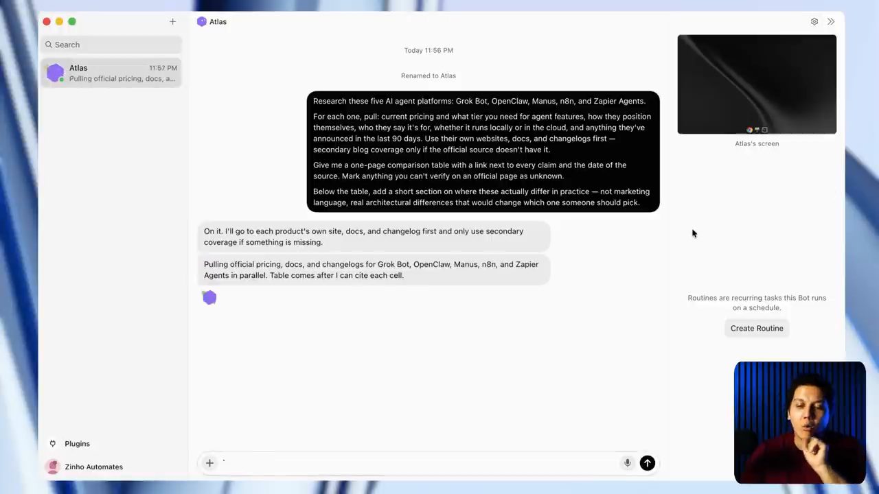 Khung chat bot Atlas với prompt research năm nền tảng AI agent và câu trả lời đang lấy giá, docs, changelog song song