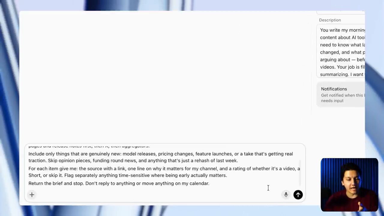 Ô nhập prompt morning AI brief, bên phải là ô Description của bot