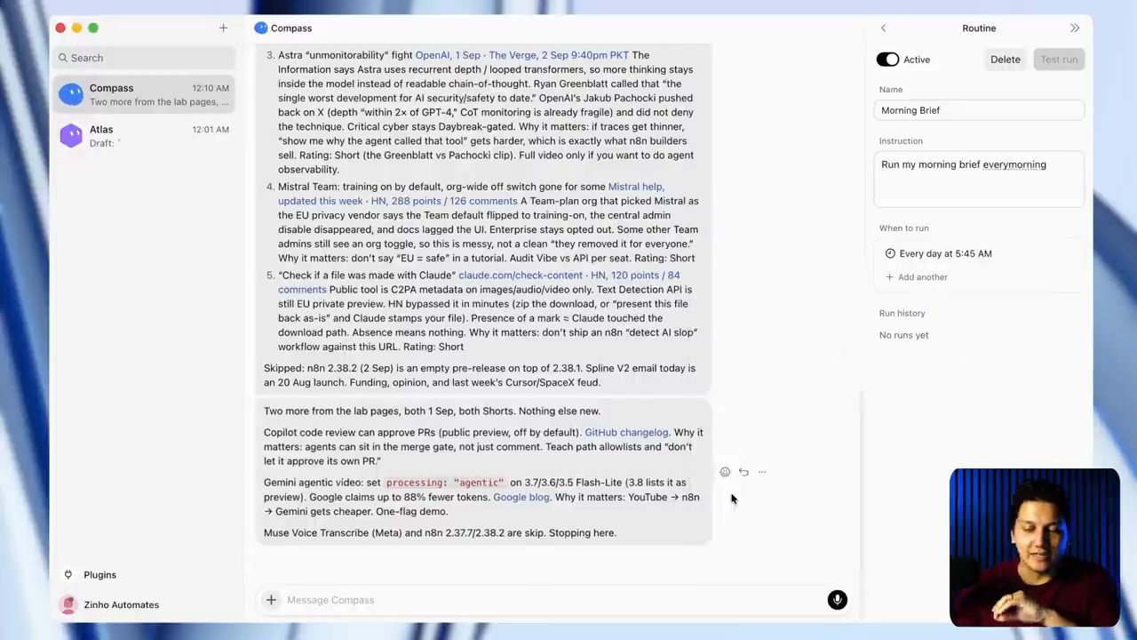 Bot Compass trả về bản tin có link và đánh giá Short, bên phải là routine Morning Brief chạy mỗi ngày lúc 5:45