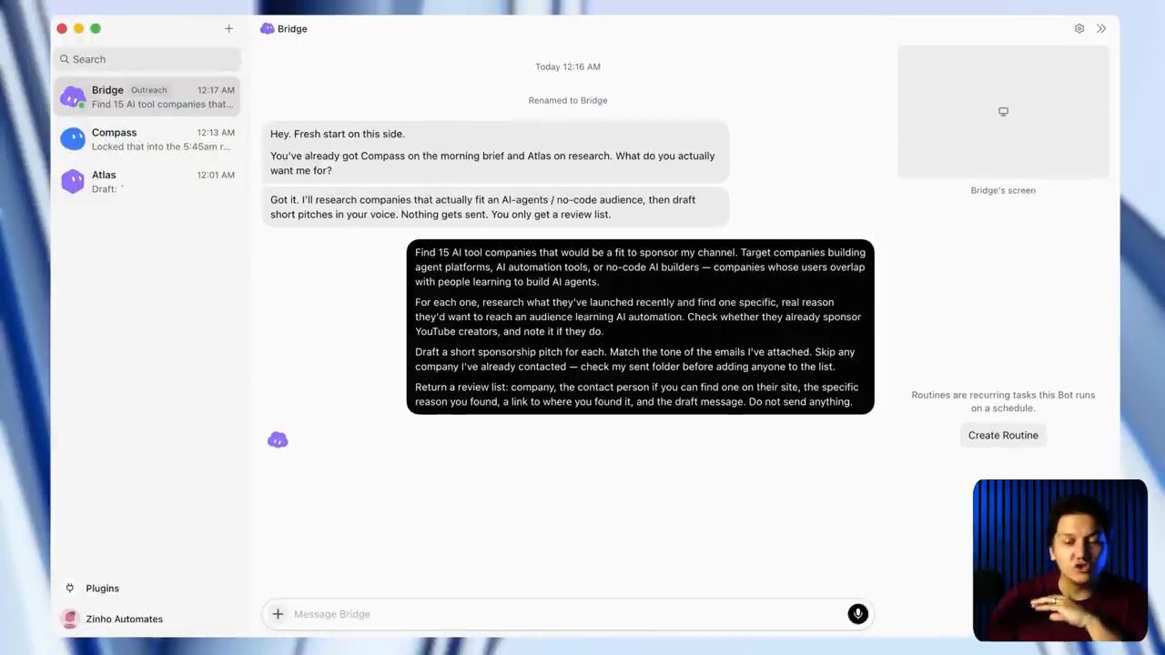 Khung chat bot Bridge với prompt tìm 15 công ty AI tool để tài trợ kênh
